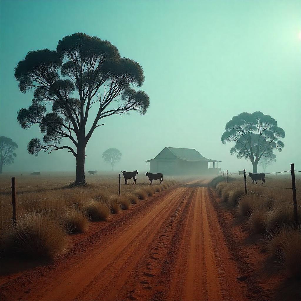 Wide landscape view of Australian rural acreage with hobby farm, livestock, and orchard trees; rustic farmhouse in background, blue sky with light clouds, natural vegetation