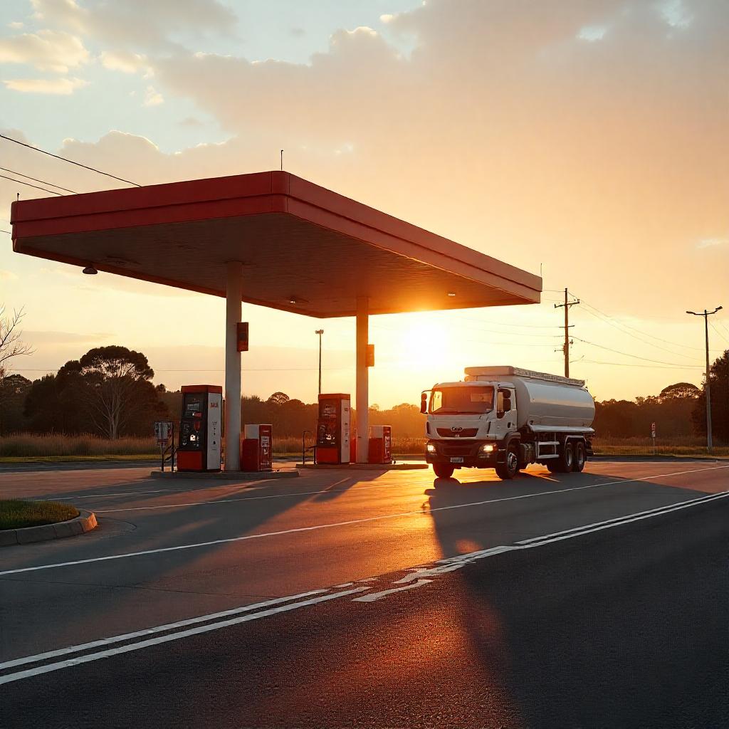 Realistic Australian petrol station or fuel depot scene; canopy fuel pumps, road signage, and trucks loading fuel; safety markings and open sky visible