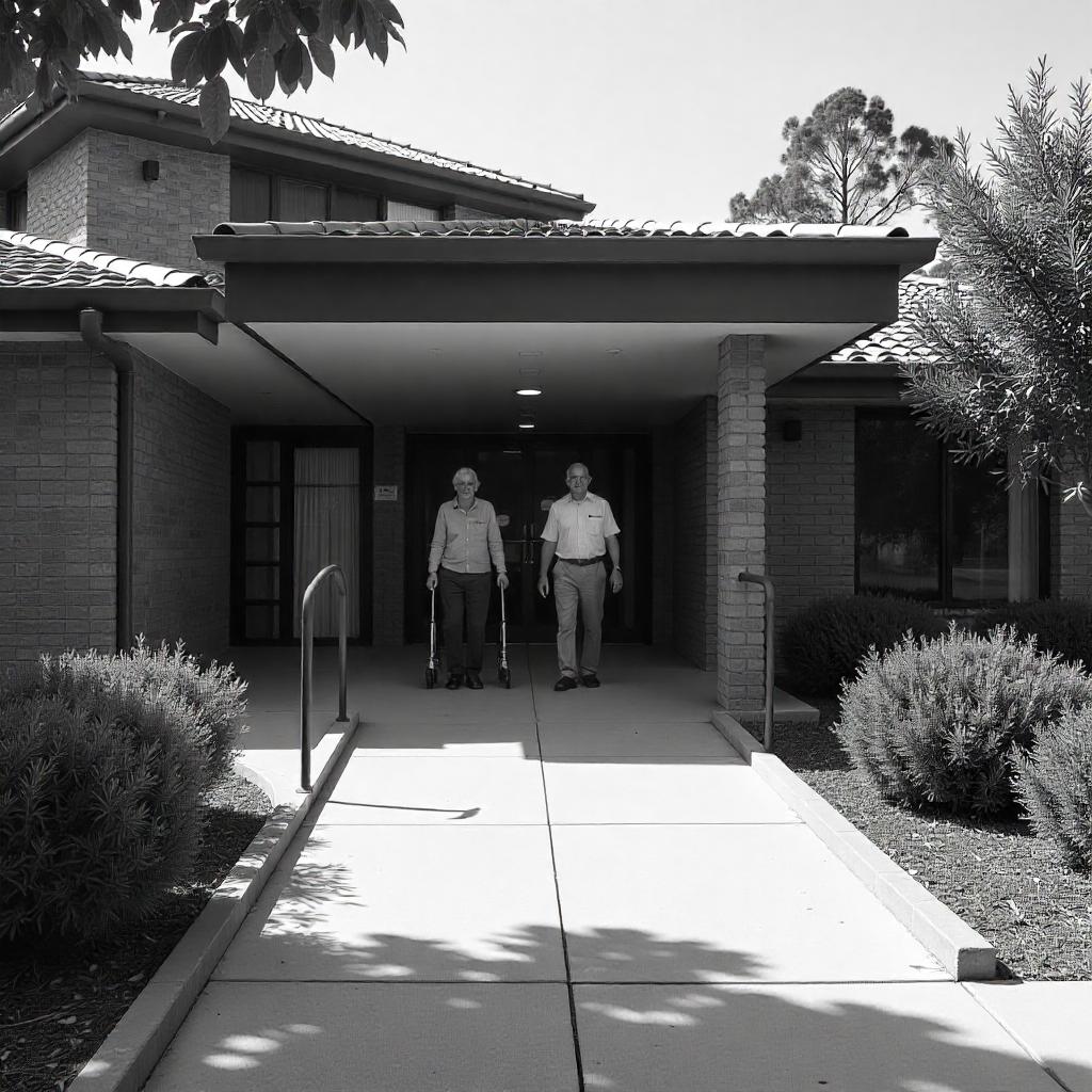 Australian aged care facility or general medical clinic exterior, wheelchair ramp, ambulance bay, aged residents and staff, clean and institutional yet welcoming look