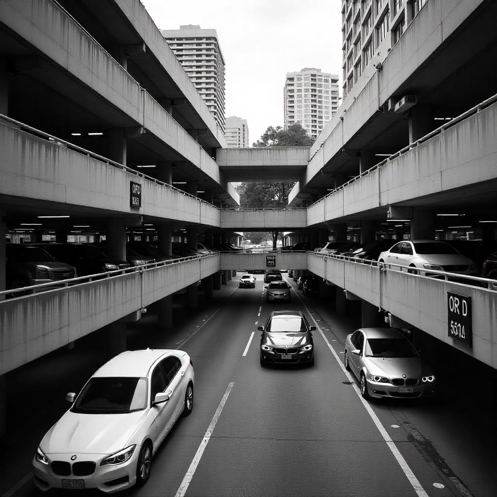 High-resolution image of a multi-level car park in an Australian city like Sydney or Melbourne, with cars entering and exiting, parking signs with AUD pricing, and clean urban surroundings—showing modern architecture with eucalyptus trees or palm trees in the background.